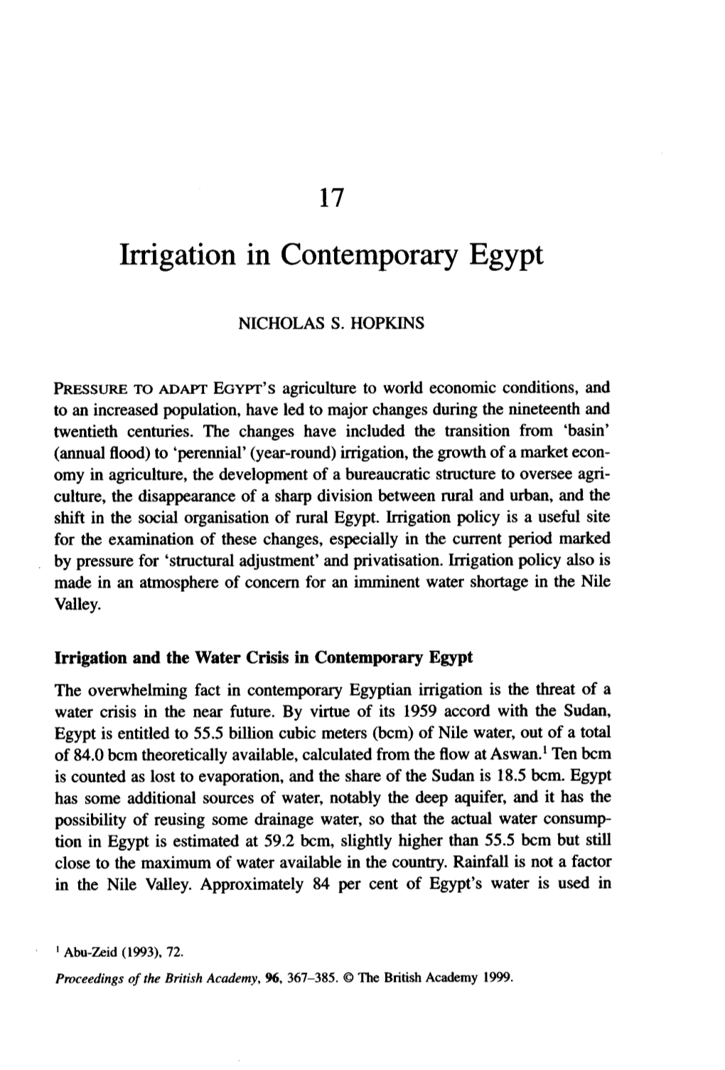 Irrigation in Contemporary Egypt