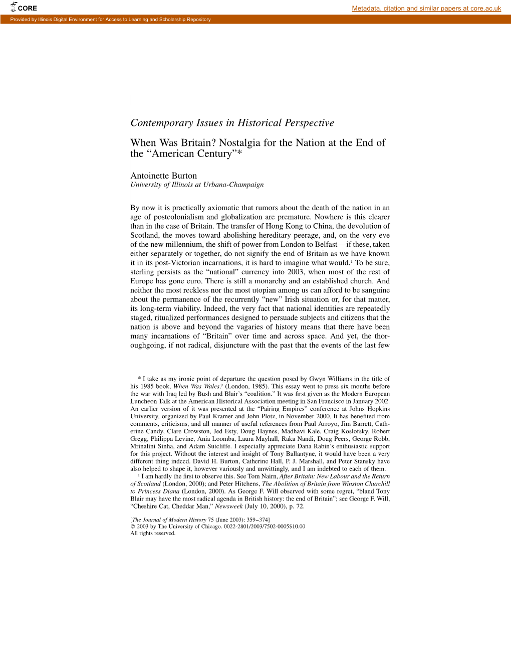 Contemporary Issues in Historical Perspective When Was Britain? Nostalgia for the Nation at the End of the “American Century”*