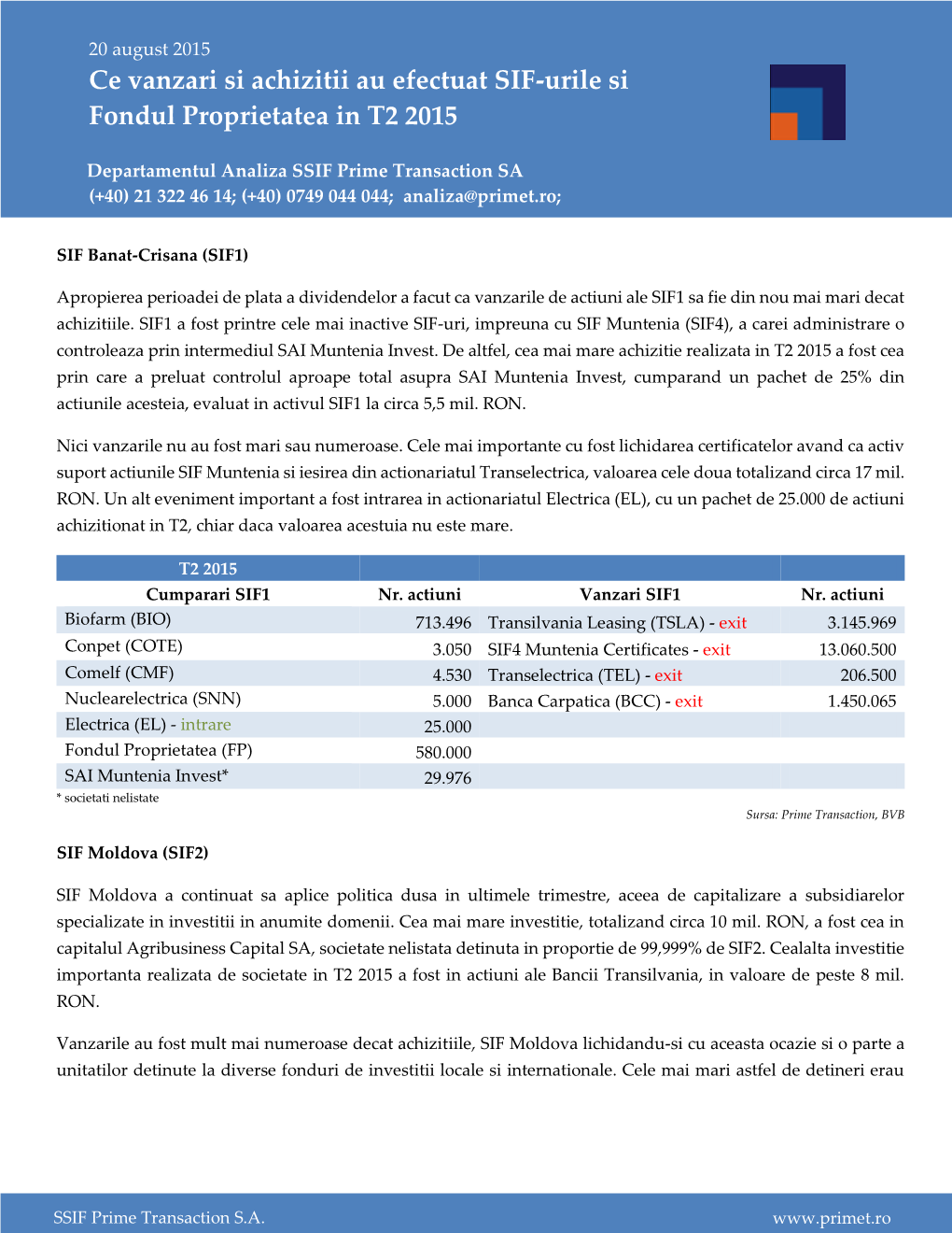 Ce Vanzari Si Achizitii Au Efectuat SIF-Urile Si Fondul Proprietatea in T2 2015
