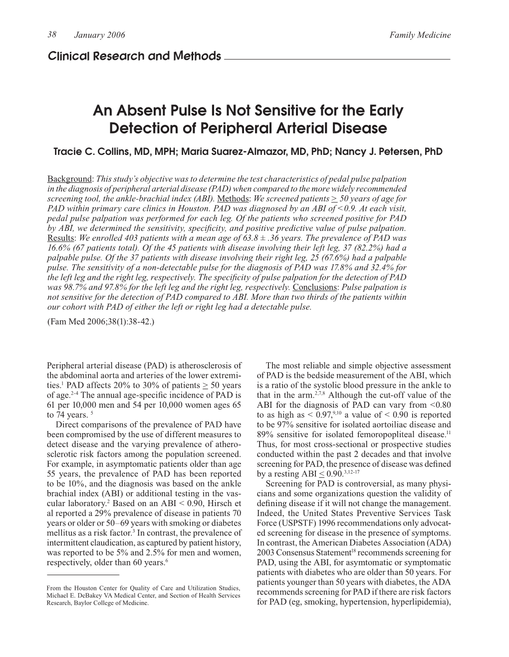 An Absent Pulse Is Not Sensitive for the Early Detection of Peripheral Arterial Disease