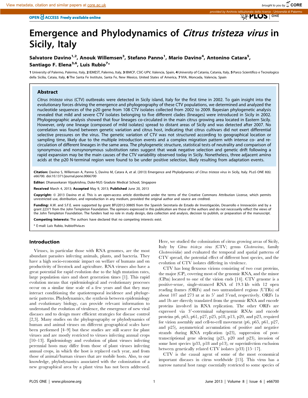 Emergence and Phylodynamics of Citrus Tristeza Virus in Sicily, Italy