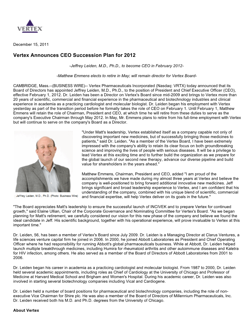 Vertex Announces CEO Succession Plan for 2012