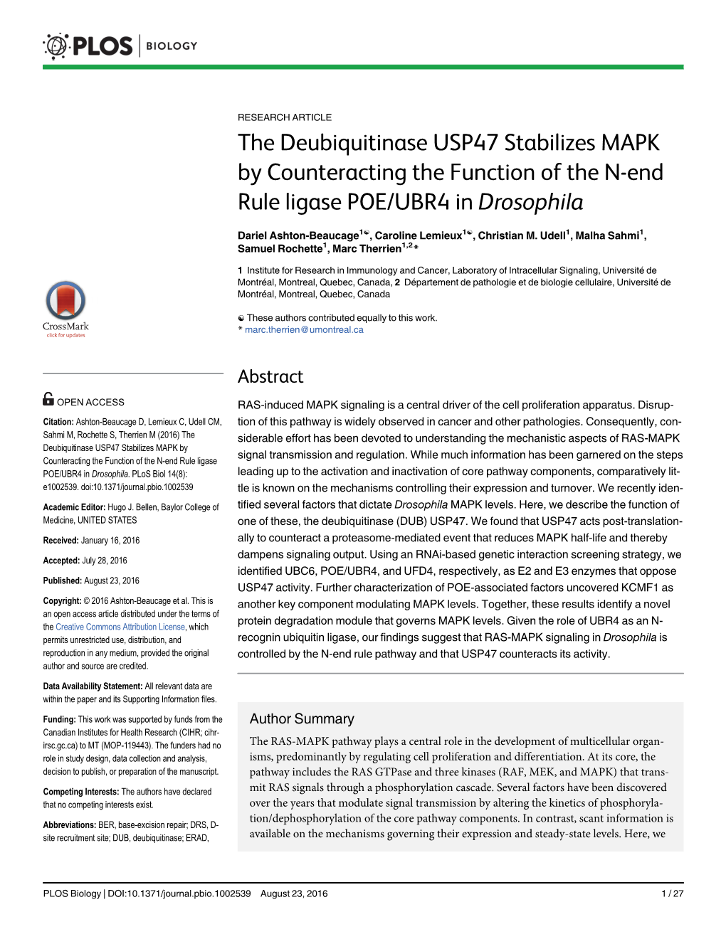 The Deubiquitinase USP47 Stabilizes MAPK by Counteracting the Function of the N-End Rule Ligase POE/UBR4 in Drosophila