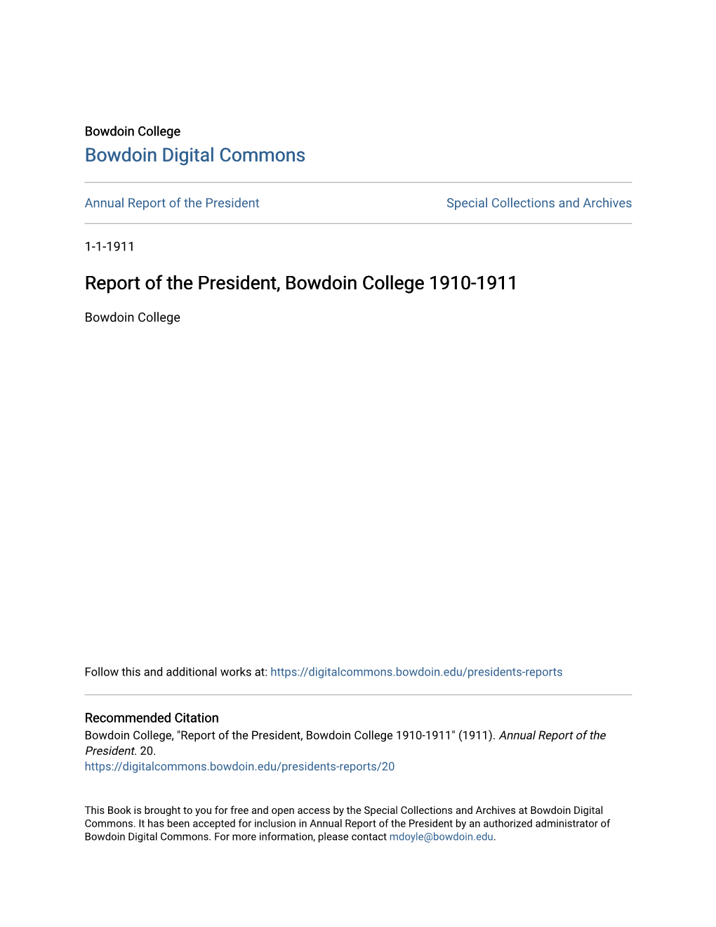 Report of the President, Bowdoin College 1910-1911