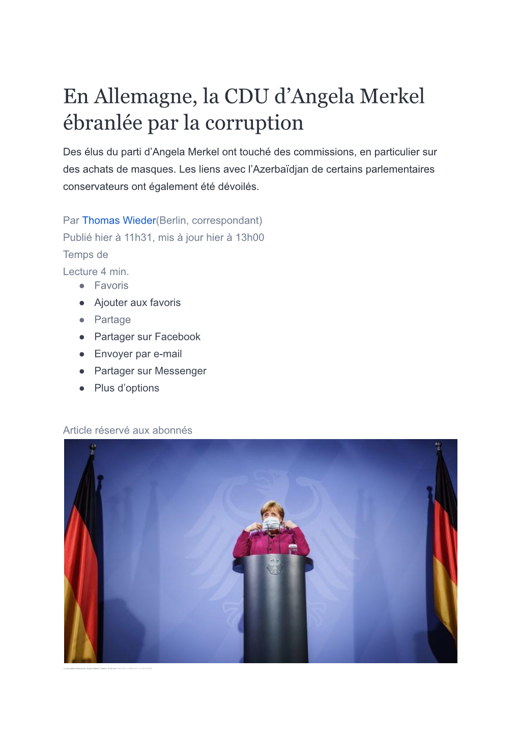 En Allemagne, La CDU D'angela Merkel Ébranlée Par La Corruption