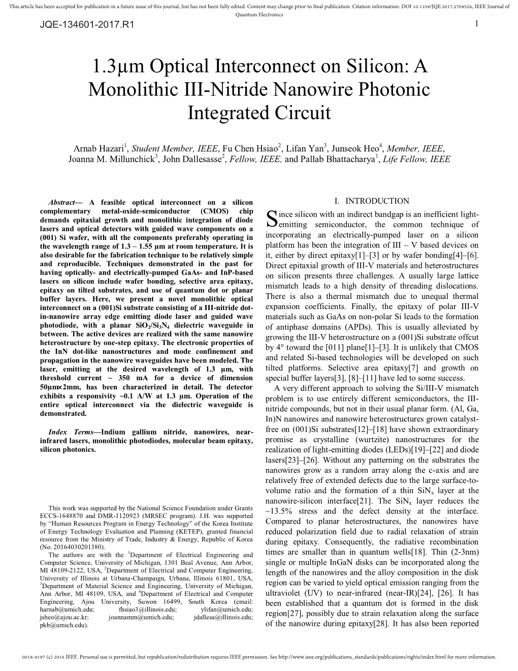 1.3Μm Optical Interconnect on Silicon: a Monolithic III-Nitride Nanowire Photonic Integrated Circuit