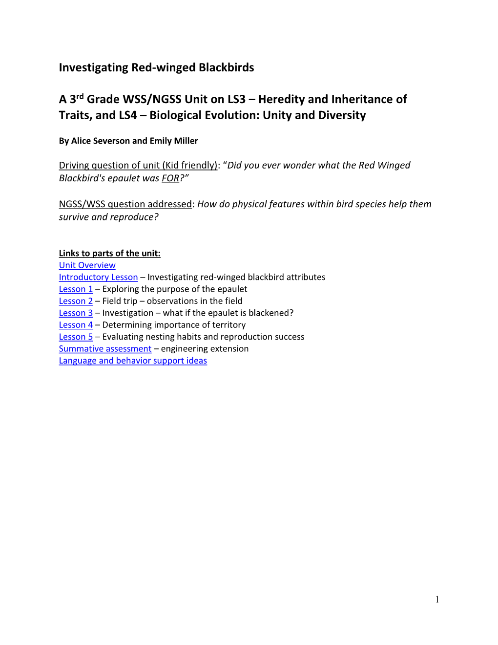 Investigating Red-Winged Blackbirds a 3Rd Grade WSS/NGSS Unit On