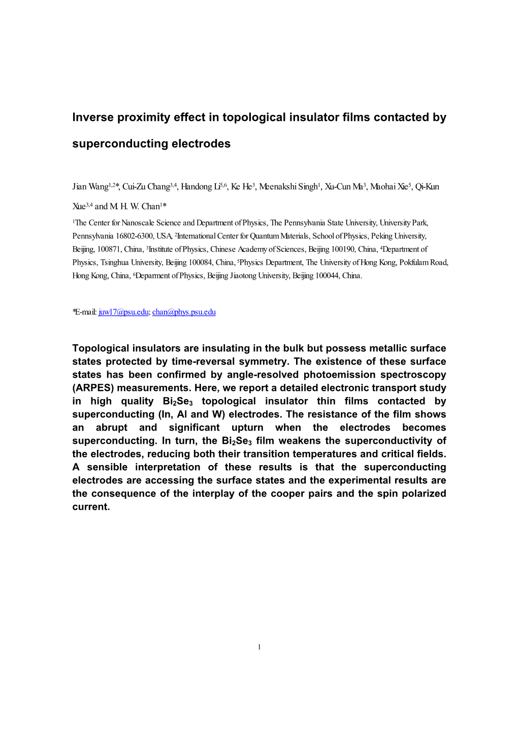 Inverse Proximity Effect in Topological Insulator Films Contacted by Superconducting Electrodes