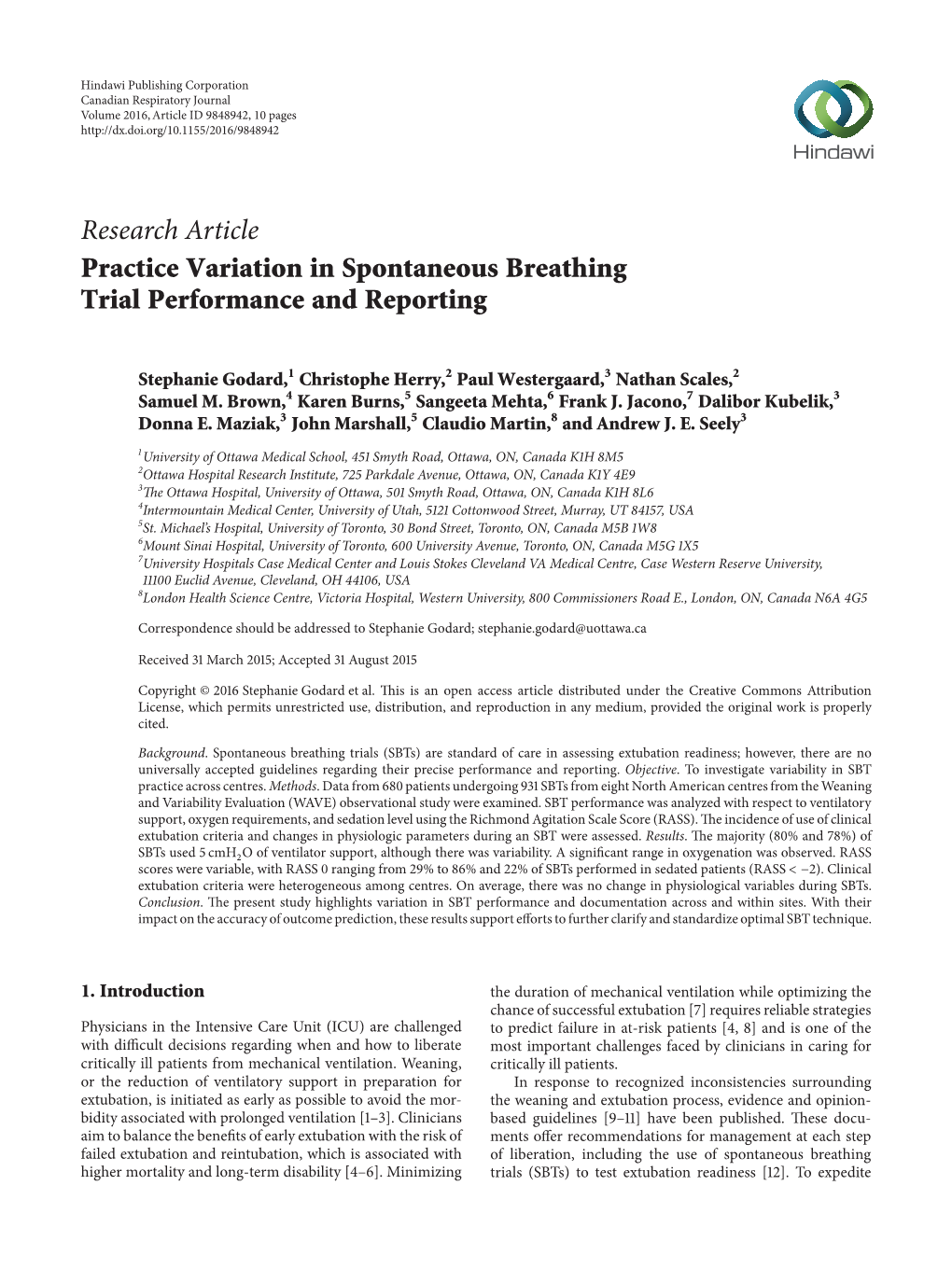 Research Article Practice Variation in Spontaneous Breathing Trial Performance and Reporting