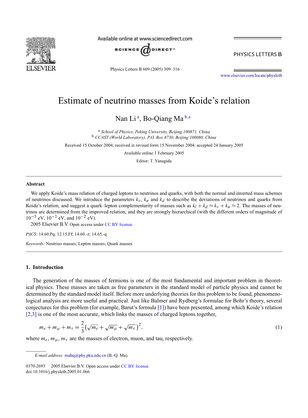 Estimate of Neutrino Masses from Koide's Relation