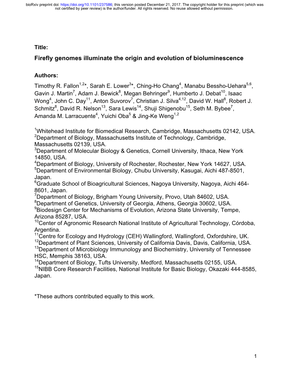 Firefly Genomes Illuminate the Origin and Evolution of Bioluminescence