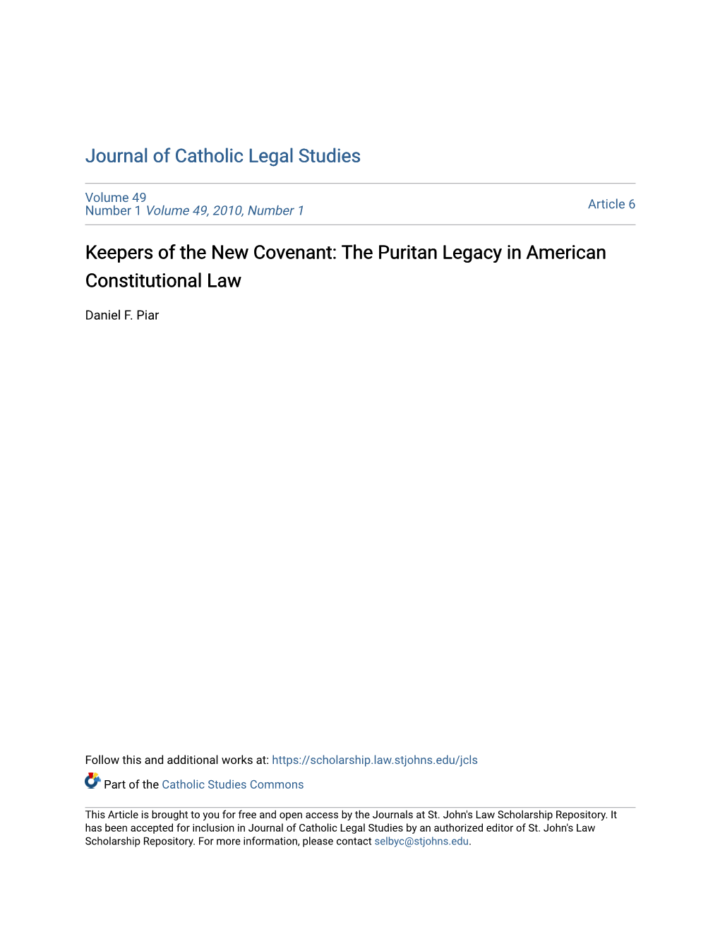Keepers of the New Covenant: the Puritan Legacy in American Constitutional Law