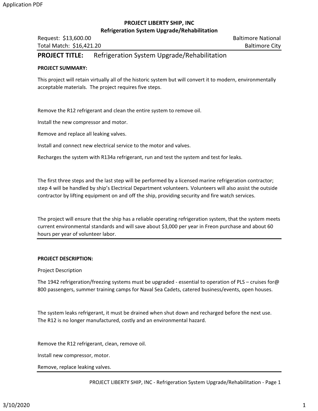 PROJECT TITLE: Refrigeration System Upgrade/Rehabilitation