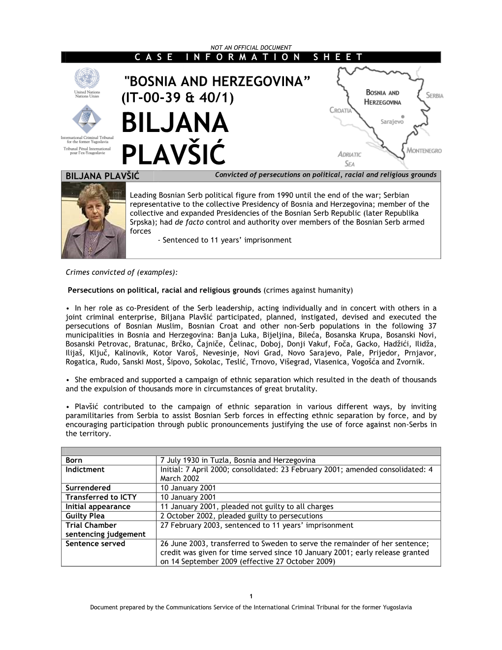 Biljana Plavšić Case Information Sheet