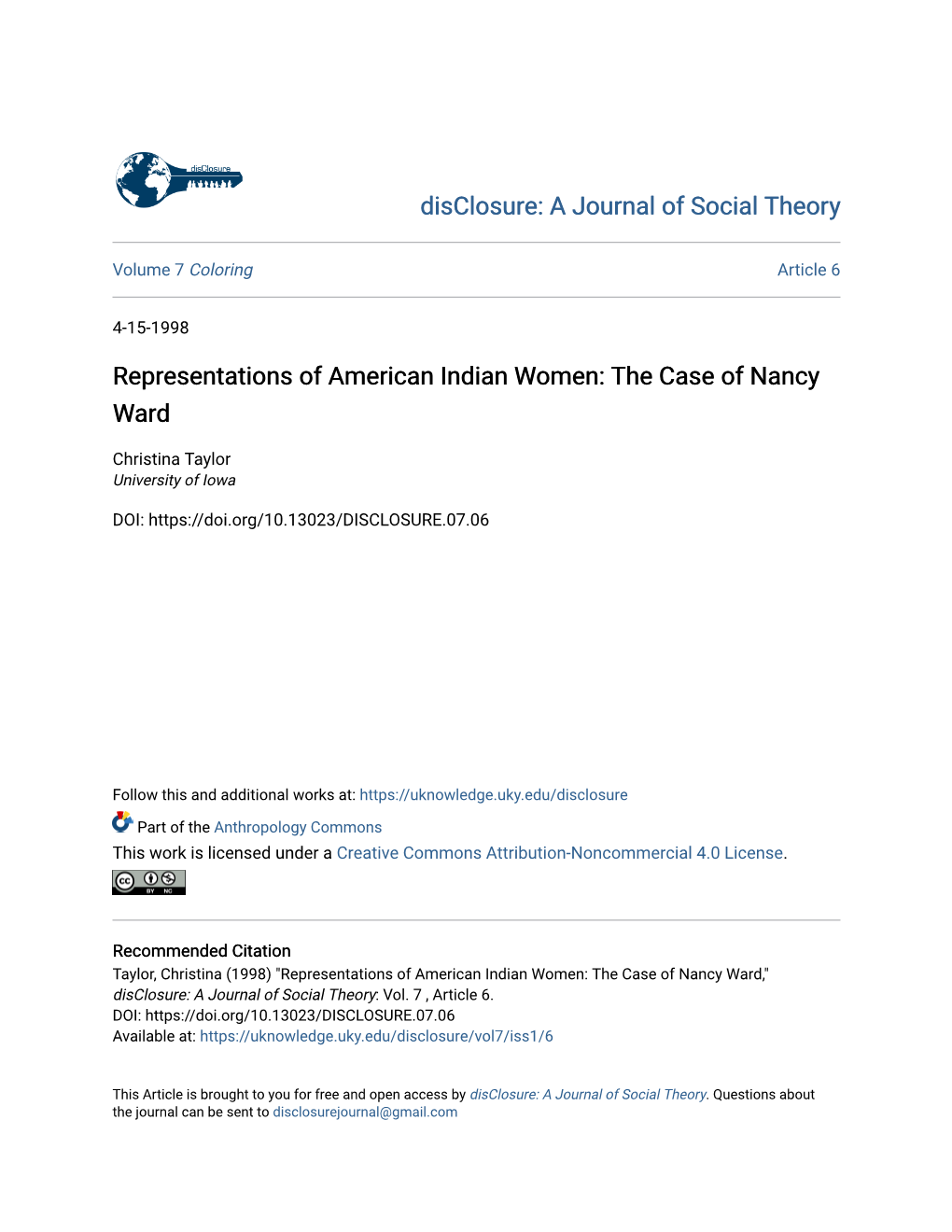 Representations of American Indian Women: the Case of Nancy Ward