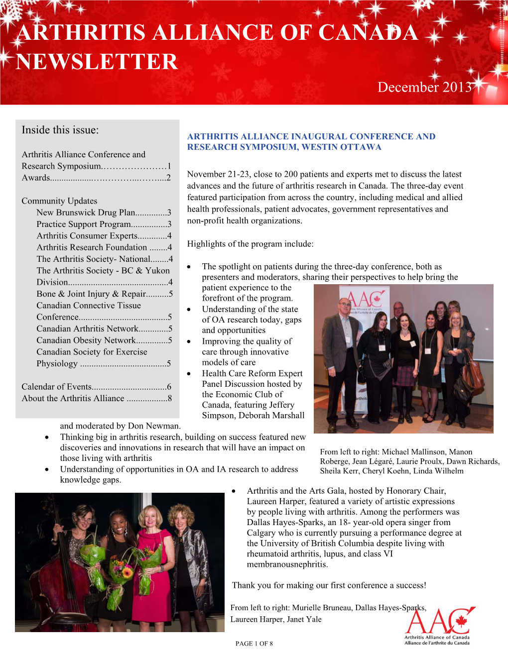 ARTHRITIS ALLIANCE of CANADA NEWSLETTER December 2013