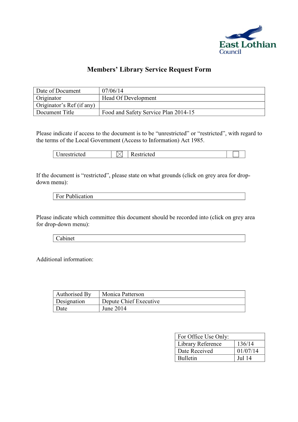 136/14 Food and Safety Service Plan 2014-15