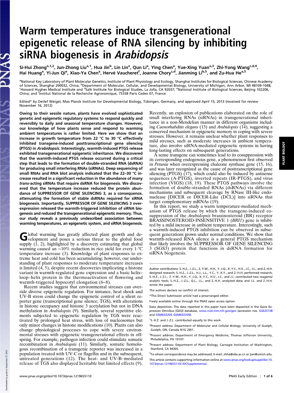 Warm Temperatures Induce Transgenerational Epigenetic Release of RNA Silencing by Inhibiting Sirna Biogenesis in Arabidopsis