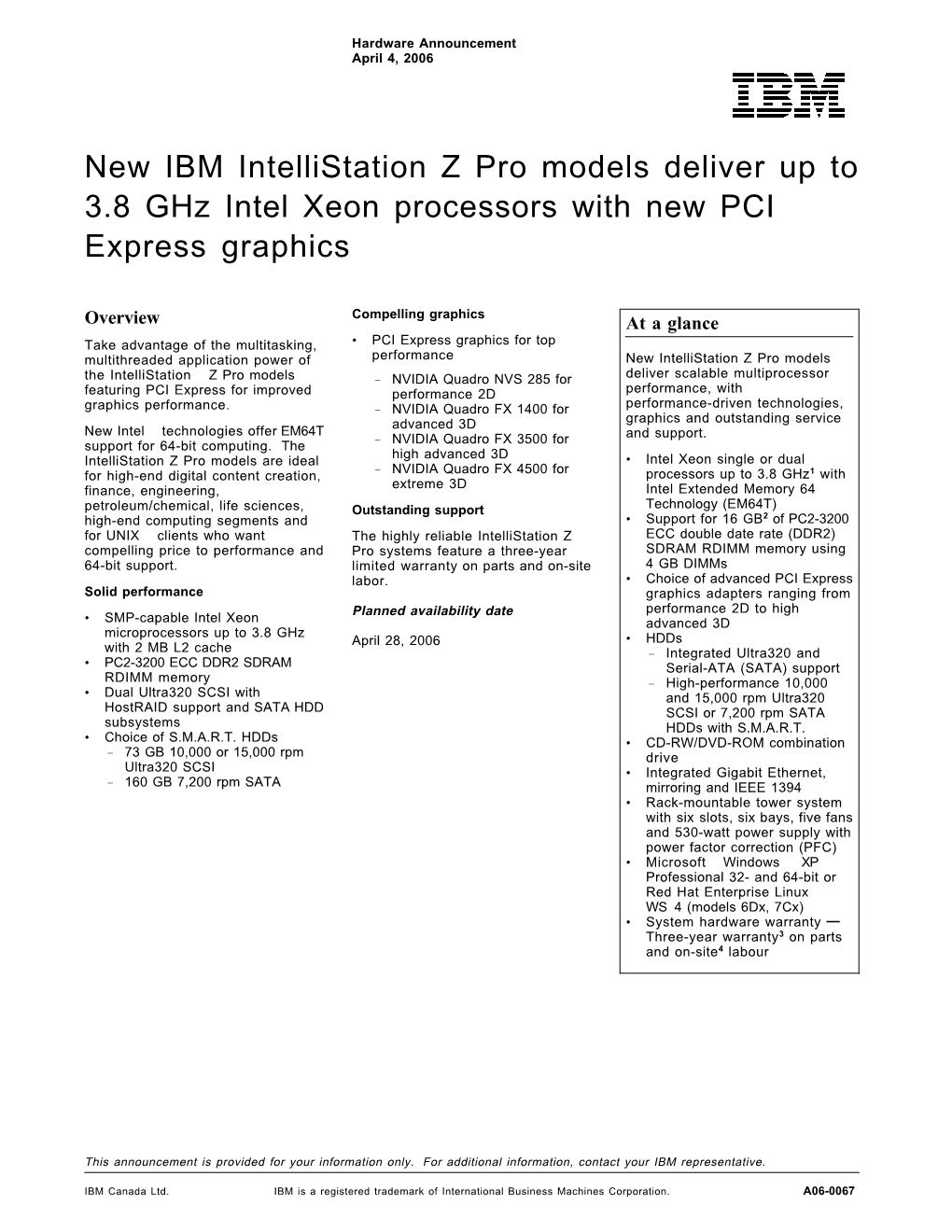 New IBM Intellistation Z Pro Models Deliver up to 3.8 Ghz Intel Xeon Processors with New PCI Express Graphics