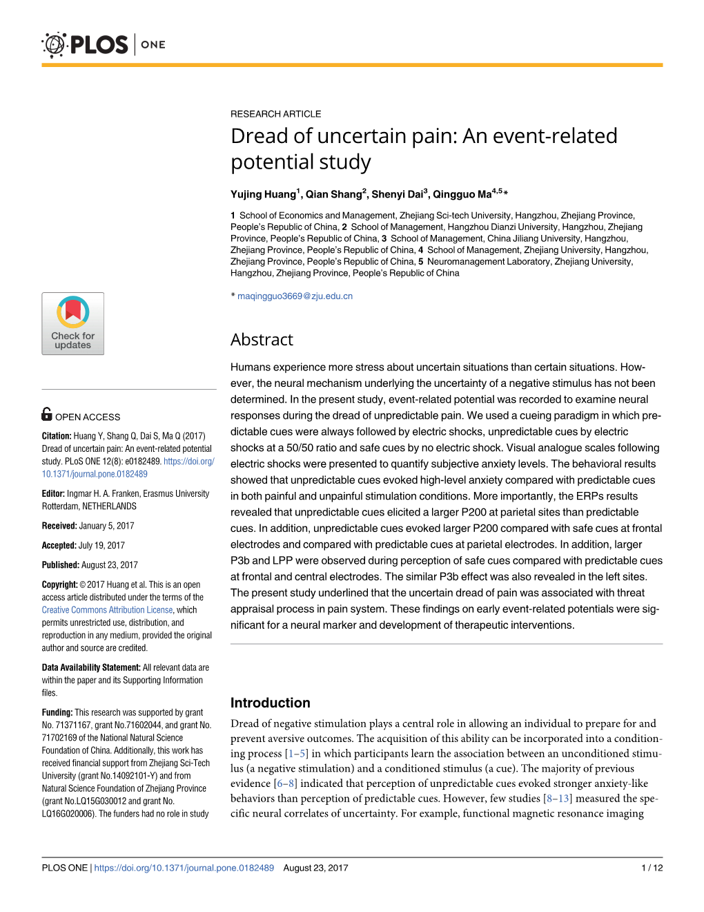 Dread of Uncertain Pain: an Event-Related Potential Study