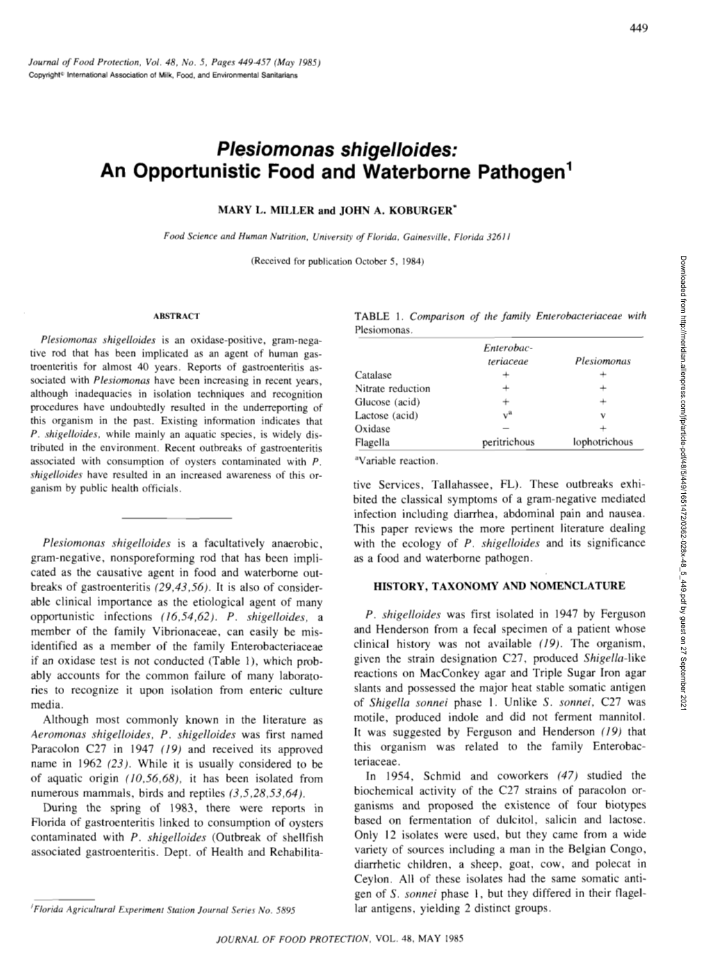 Plesiomonas Shigelloides: an Opportunistic Food and Waterborne Pathogen1