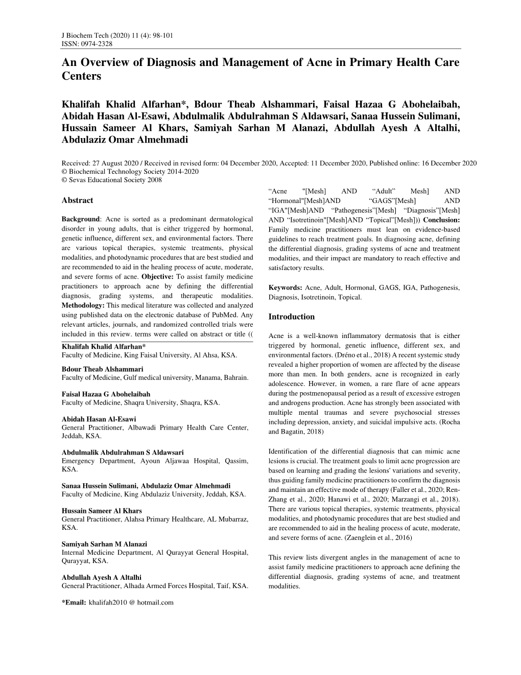 An Overview of Diagnosis and Management of Acne in Primary Health Care Centers