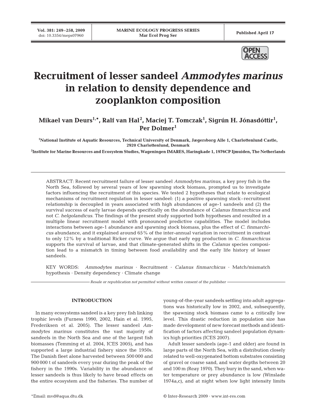 Recruitment of Lesser Sandeel Ammodytes Marinus in Relation to Density Dependence and Zooplankton Composition