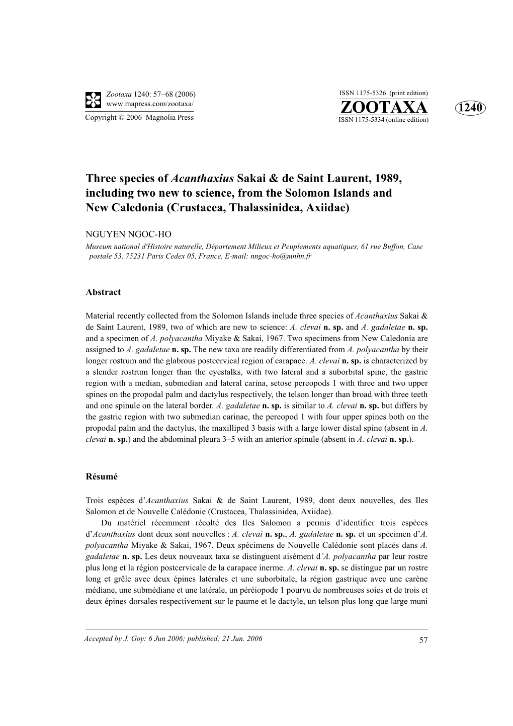 Zootaxa 1240: 57–68 (2006) ISSN 1175-5326 (Print Edition) ZOOTAXA 1240 Copyright © 2006 Magnolia Press ISSN 1175-5334 (Online Edition)