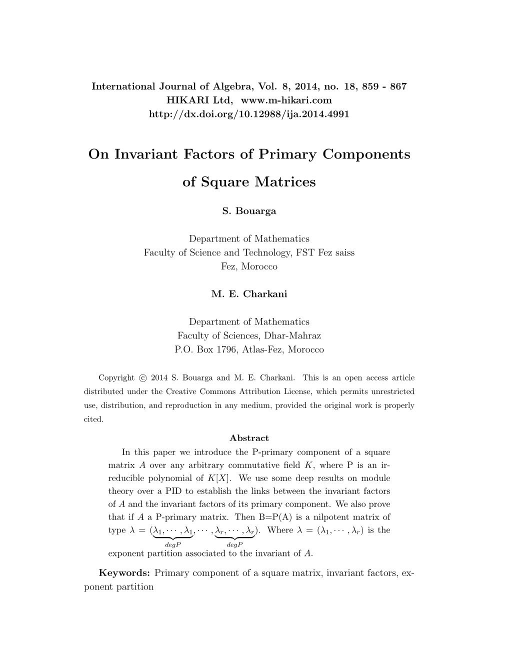 On Invariant Factors of Primary Components of Square Matrices