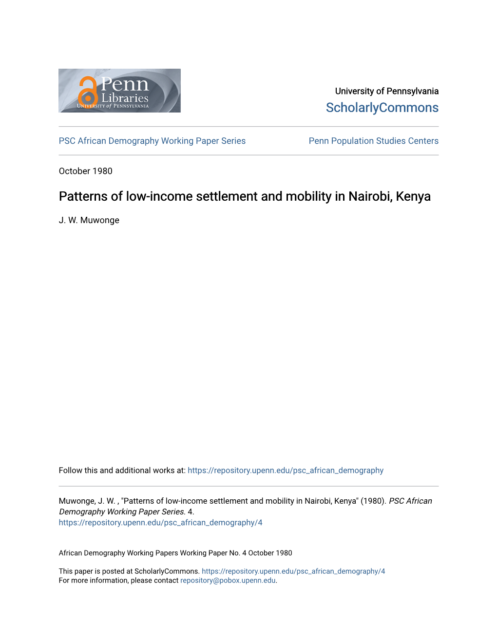 Patterns of Low-Income Settlement and Mobility in Nairobi, Kenya