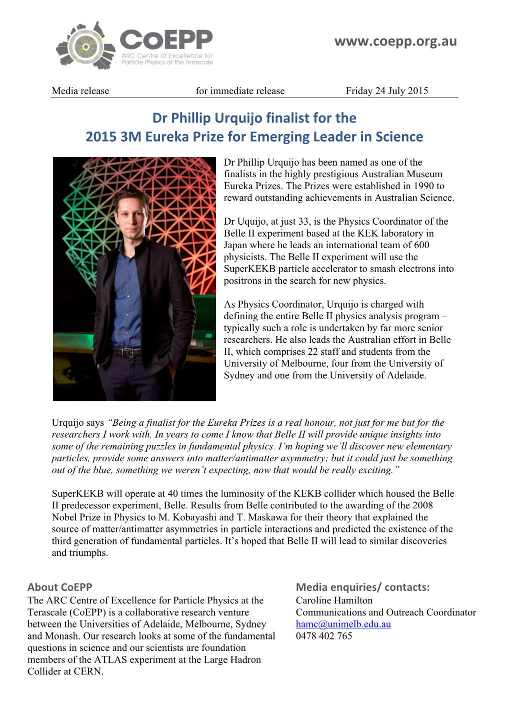 Dr Phillip Urquijo Finalist for the 2015 3M Eureka Prize for Emerging Leader in Science