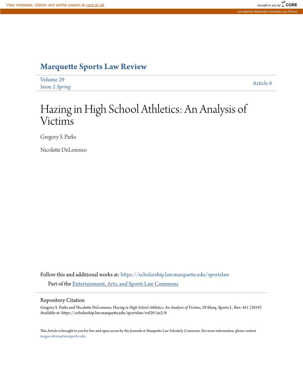 Hazing in High School Athletics: an Analysis of Victims Gregory S