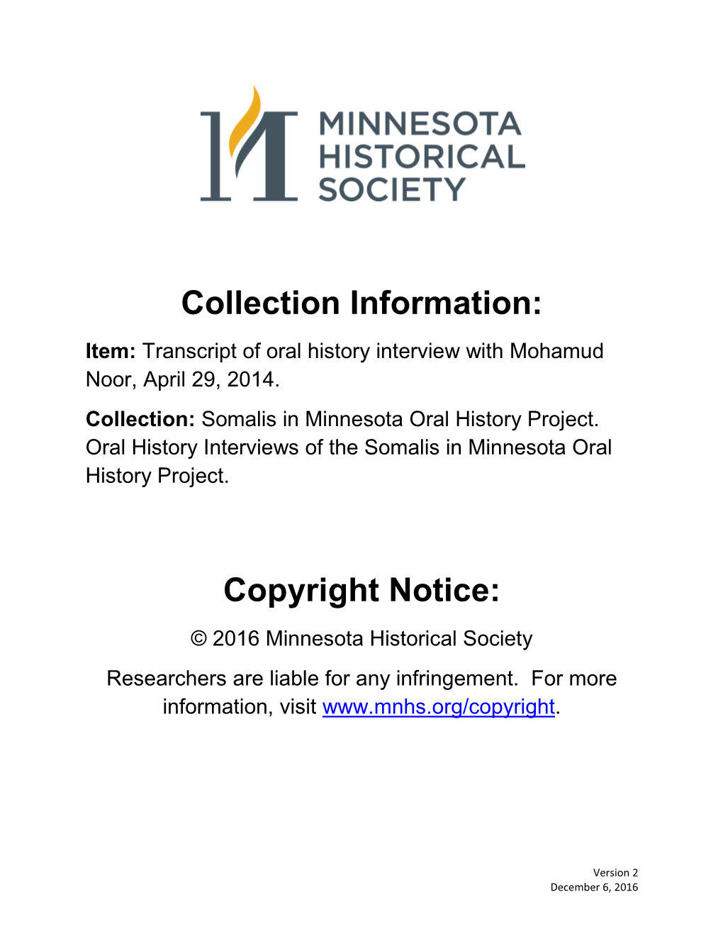 Transcript of Oral History Interview with Mohamud Noor