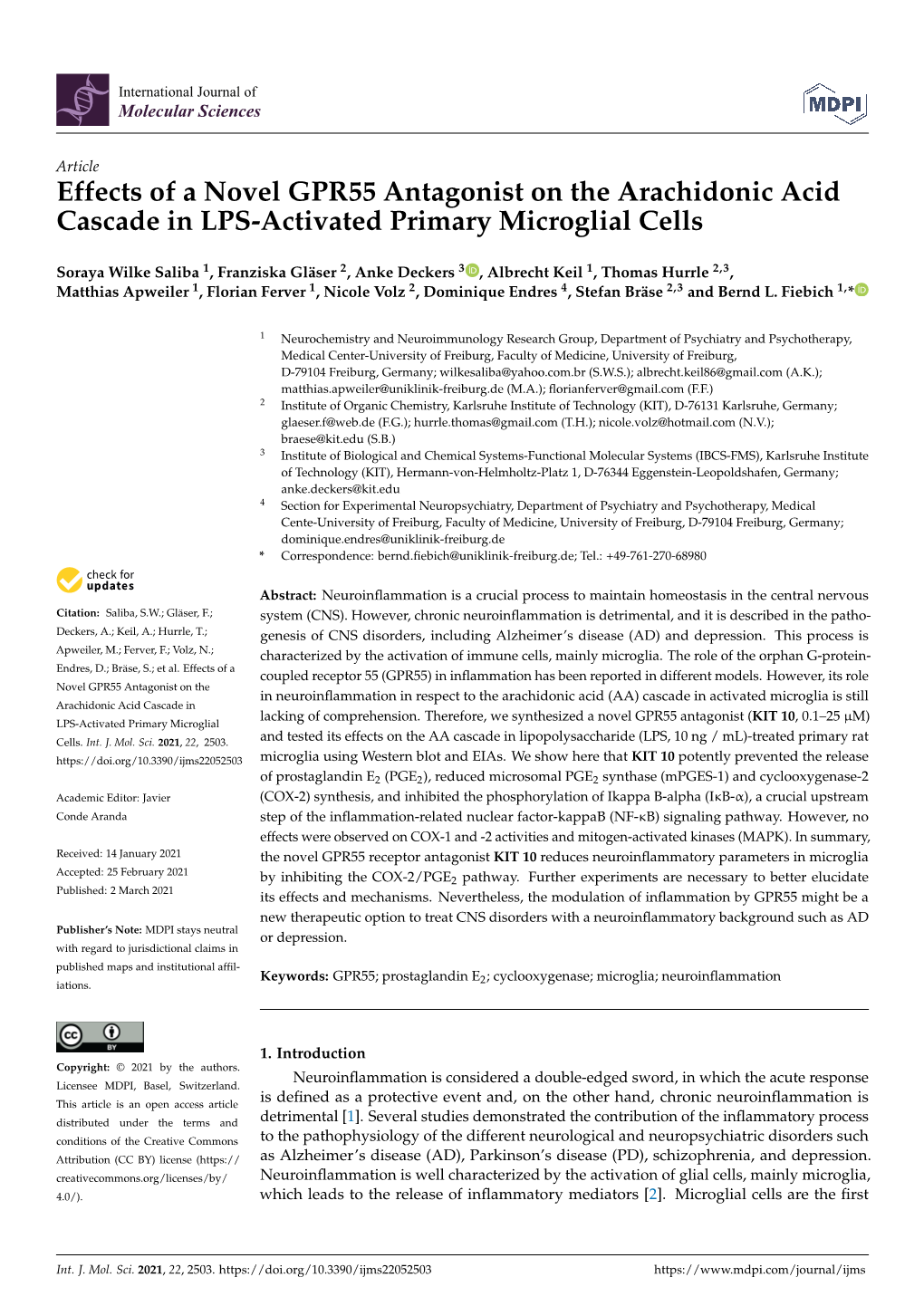 Effects of a Novel GPR55 Antagonist on the Arachidonic Acid Cascade in LPS-Activated Primary Microglial Cells