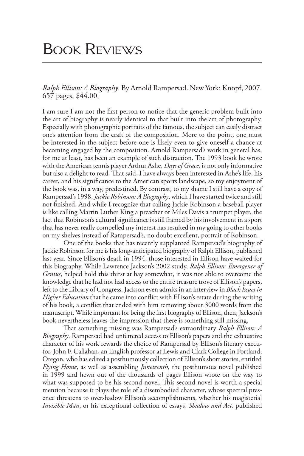 Book Reviews ■ 313 Apartment to Conduct an Interview About Langston Hughes, “Whose Biography the Professor Was Writing” (541)