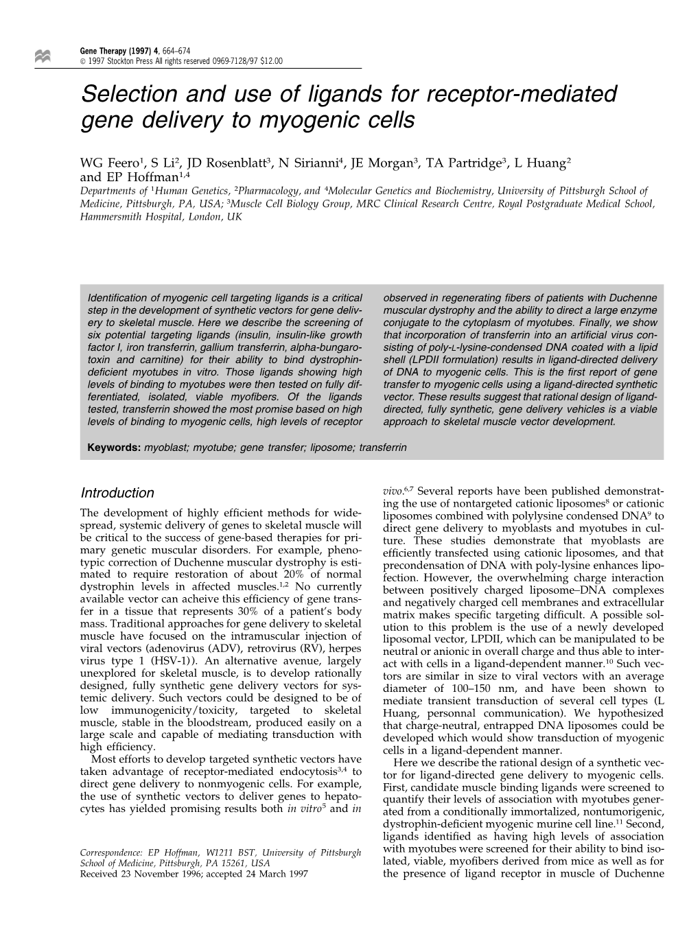 Selection and Use of Ligands for Receptor-Mediated Gene Delivery to Myogenic Cells