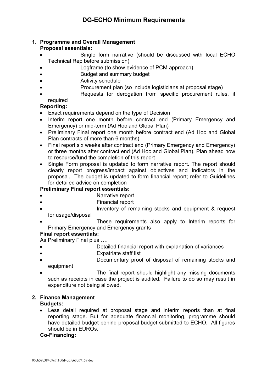 OCHA Minimum Requirements