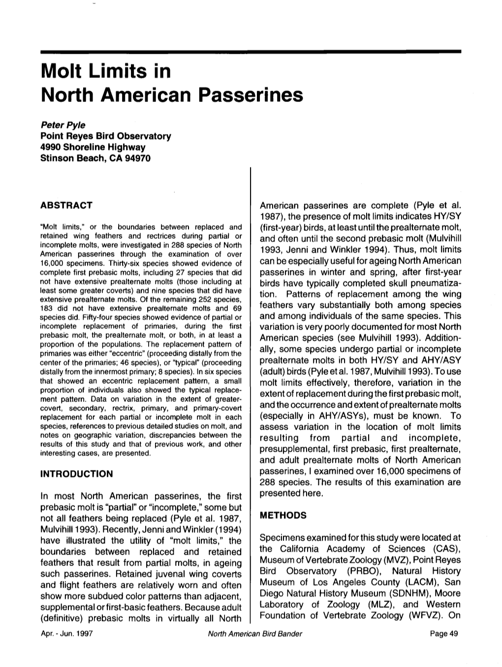 Molt Limits in North American Passerines