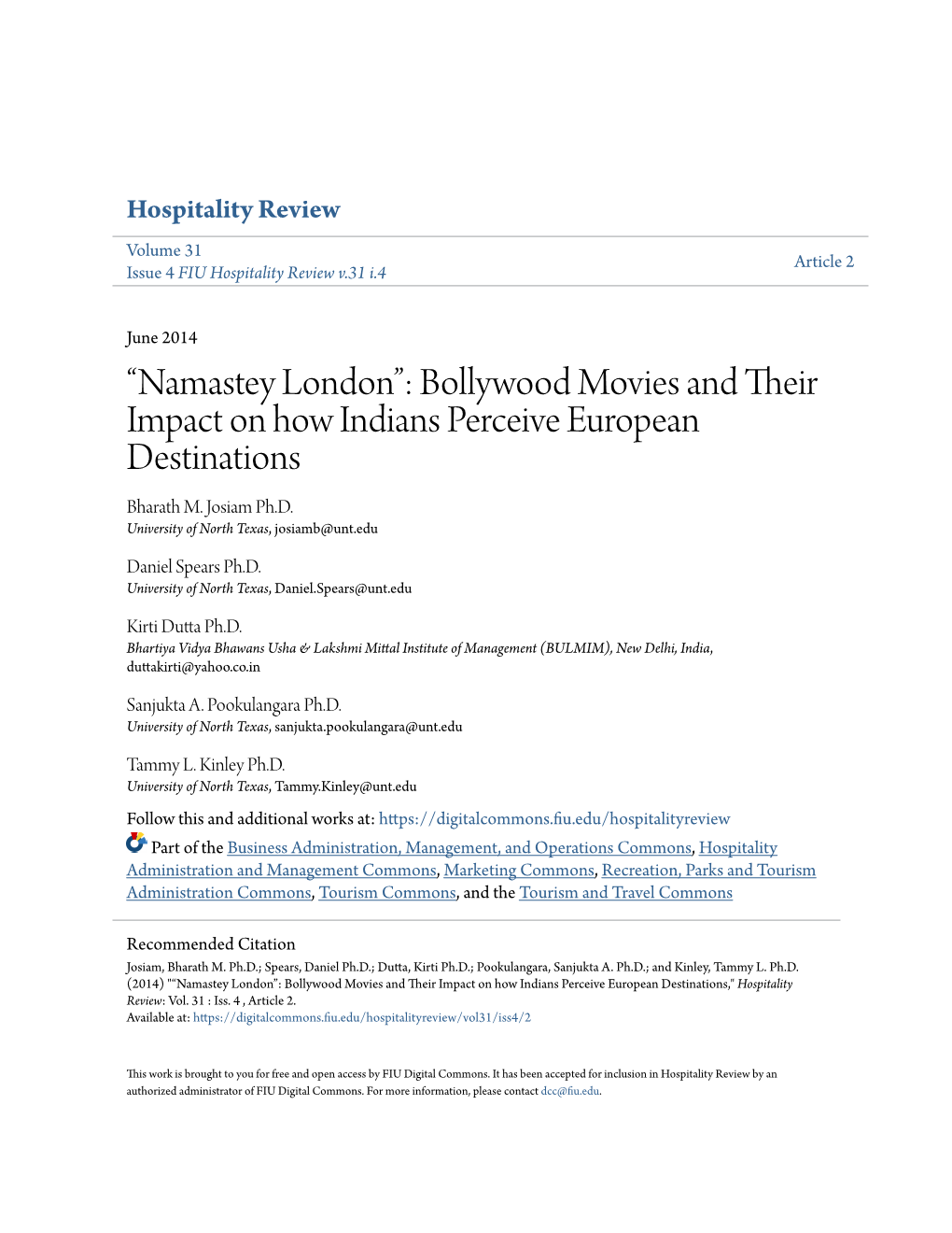 Bollywood Movies and Their Impact on How Indians Perceive European Destinations Bharath M