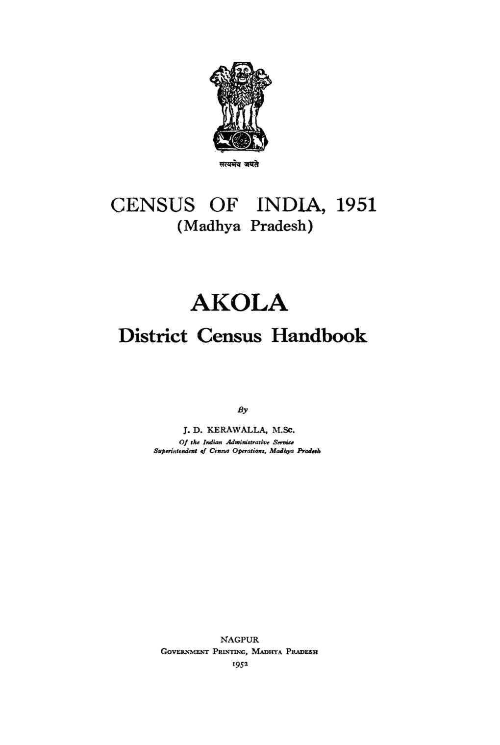 CENSUS of INDIA, 1951 District Census Handbook