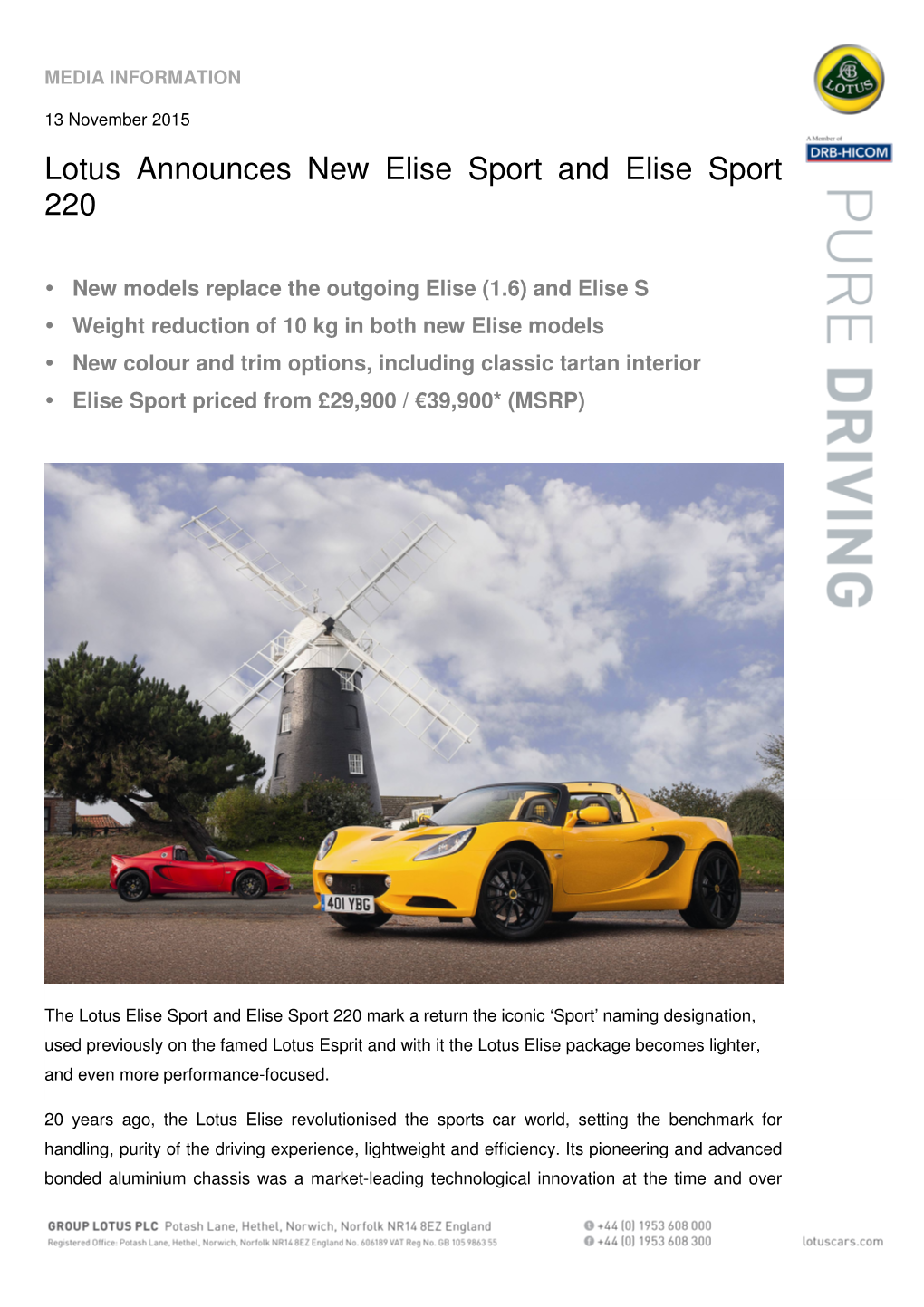 Lotus Announces New Elise Sport and Elise Sport 220