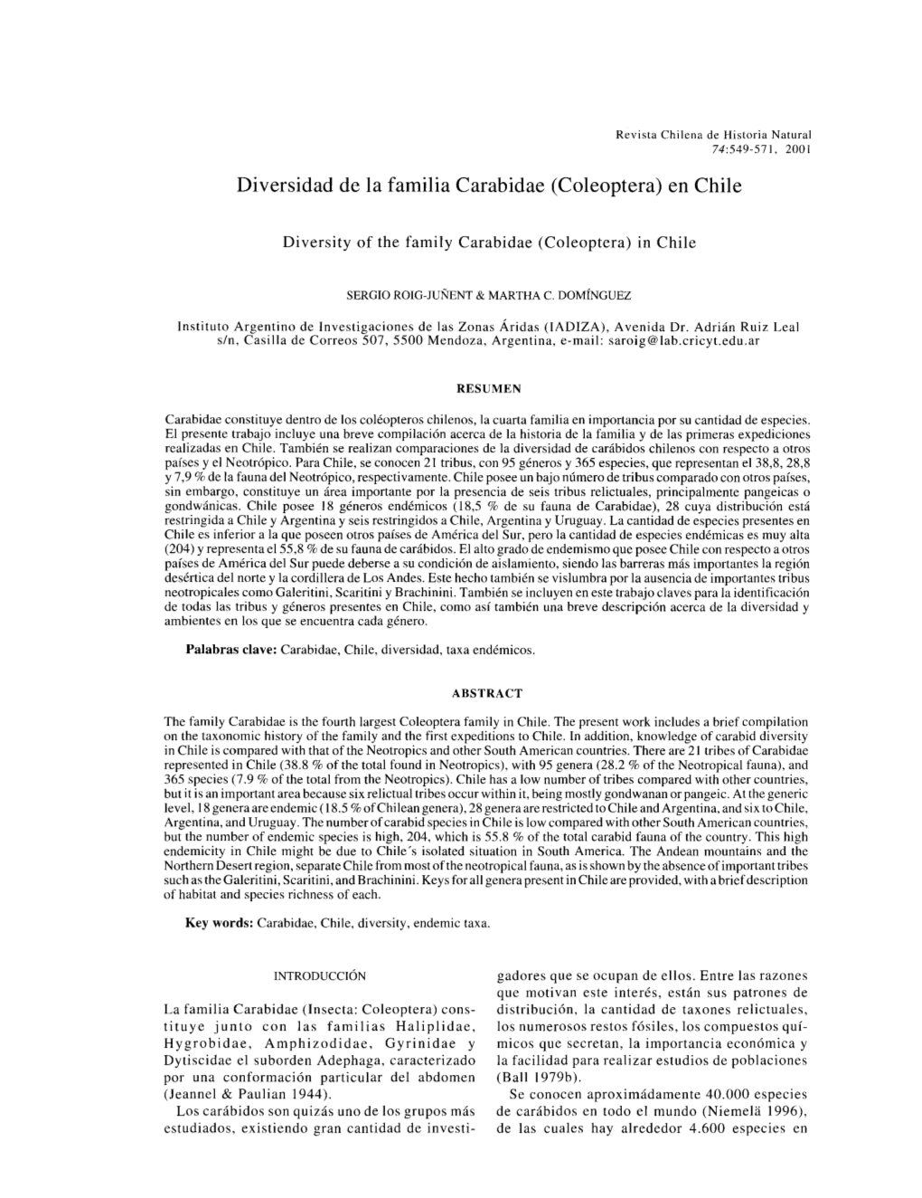 Diversidad De La Familia Carabidae (Coleoptera) En Chile