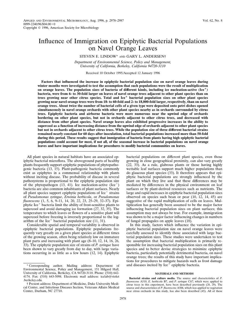 Inffuence of Immigration on Epiphytic Bacterial Populations on Navel