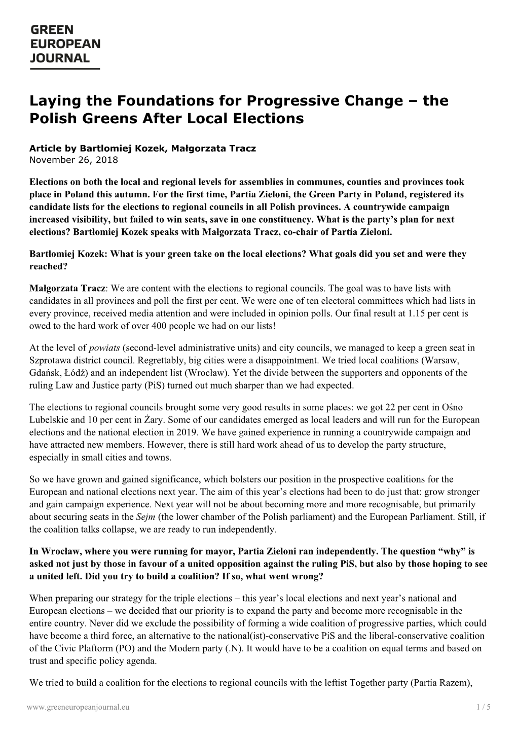 Laying the Foundations for Progressive Change – the Polish Greens After Local Elections