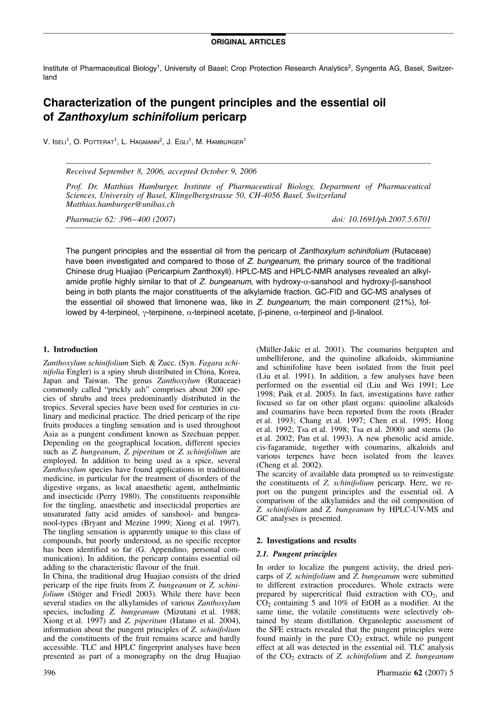 Characterization of the Pungent Principles and the Essential Oil of Zanthoxylum Schinifolium Pericarp