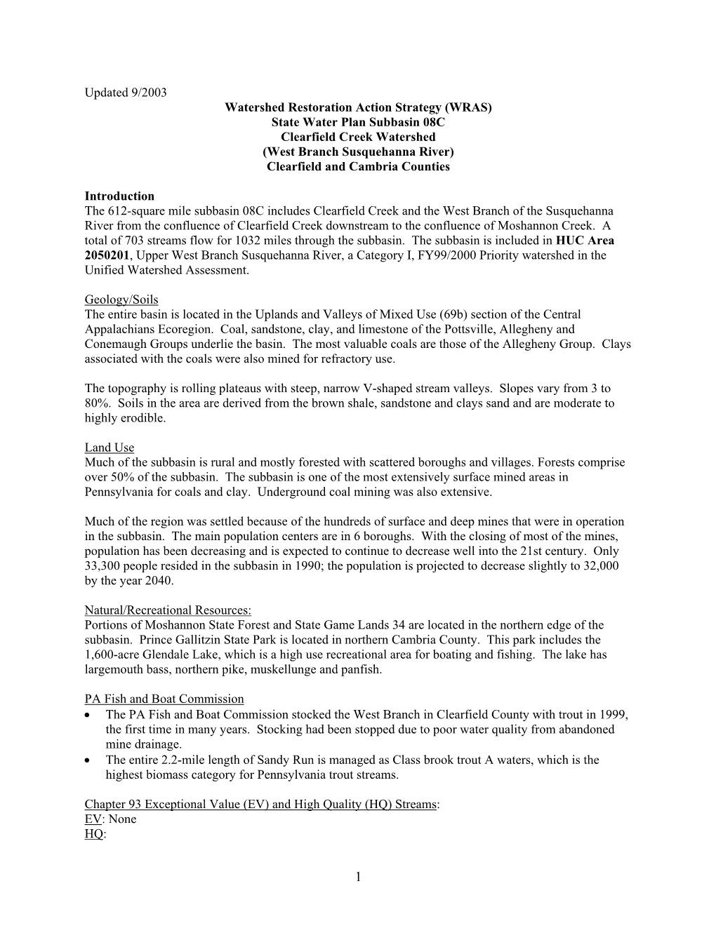 (WRAS) State Water Plan Subbasin 08C Clearfield Creek Watershed (West Branch Susquehanna River) Clearfield and Cambria Counties