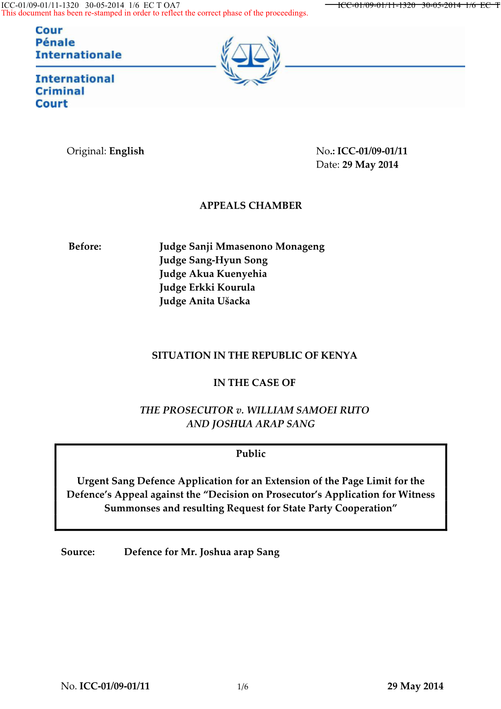 ICC-01/09-01/11 Date: 29 May 2014 APPEALS CHAMBER Before