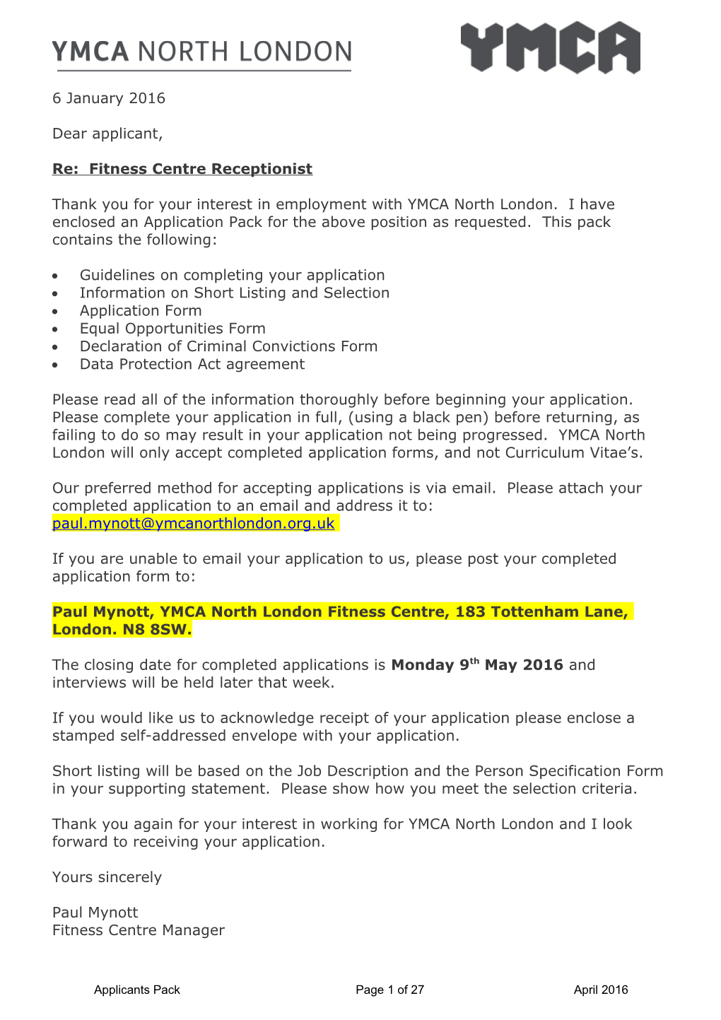 Re: Fitness Centre Receptionist