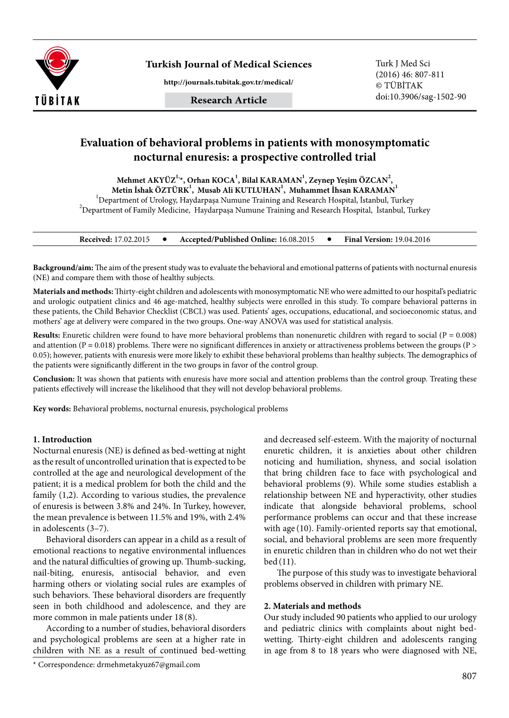 Evaluation of Behavioral Problems in Patients with Monosymptomatic Nocturnal Enuresis: a Prospective Controlled Trial