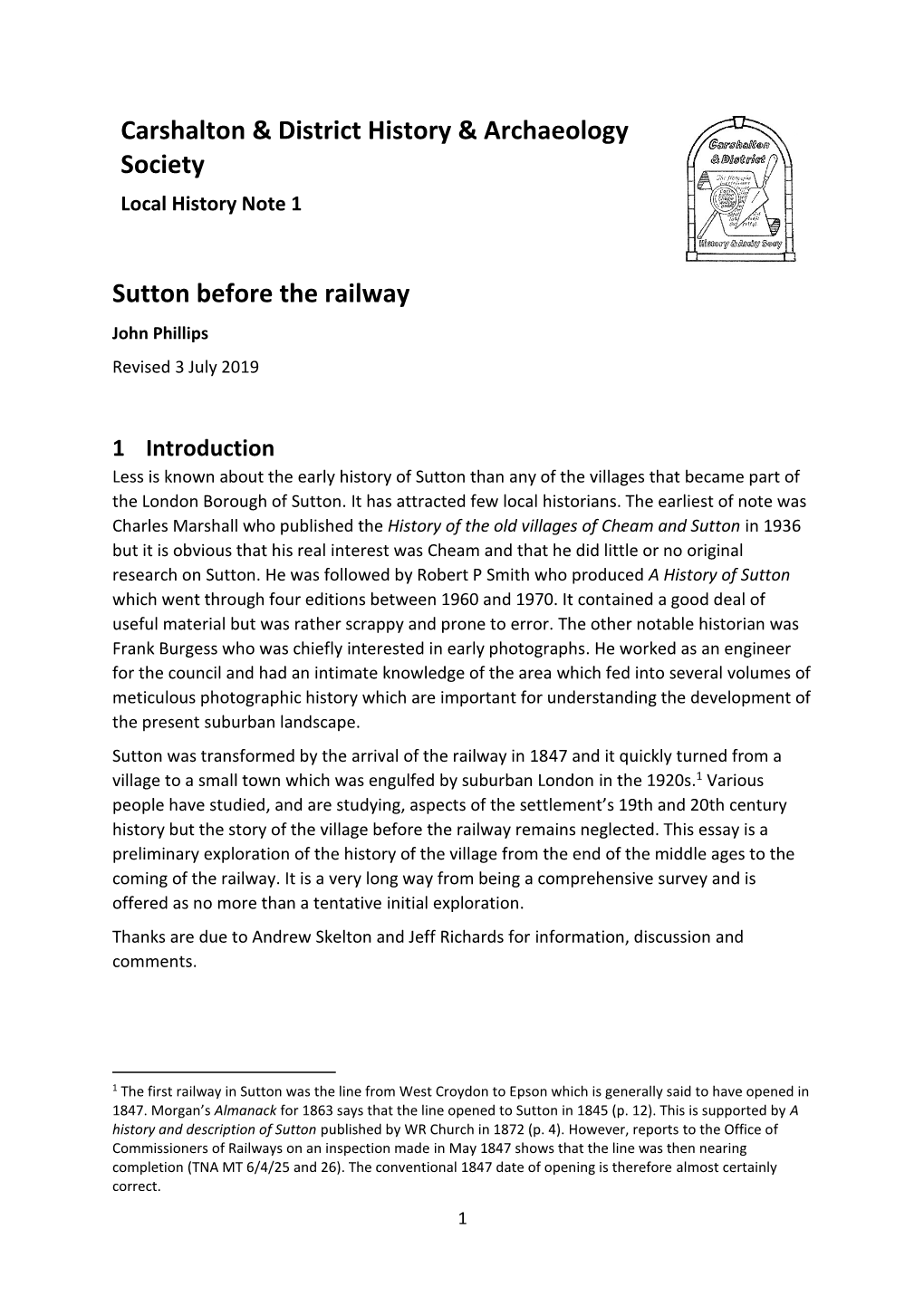 Sutton Before the Railway John Phillips Revised 3 July 2019